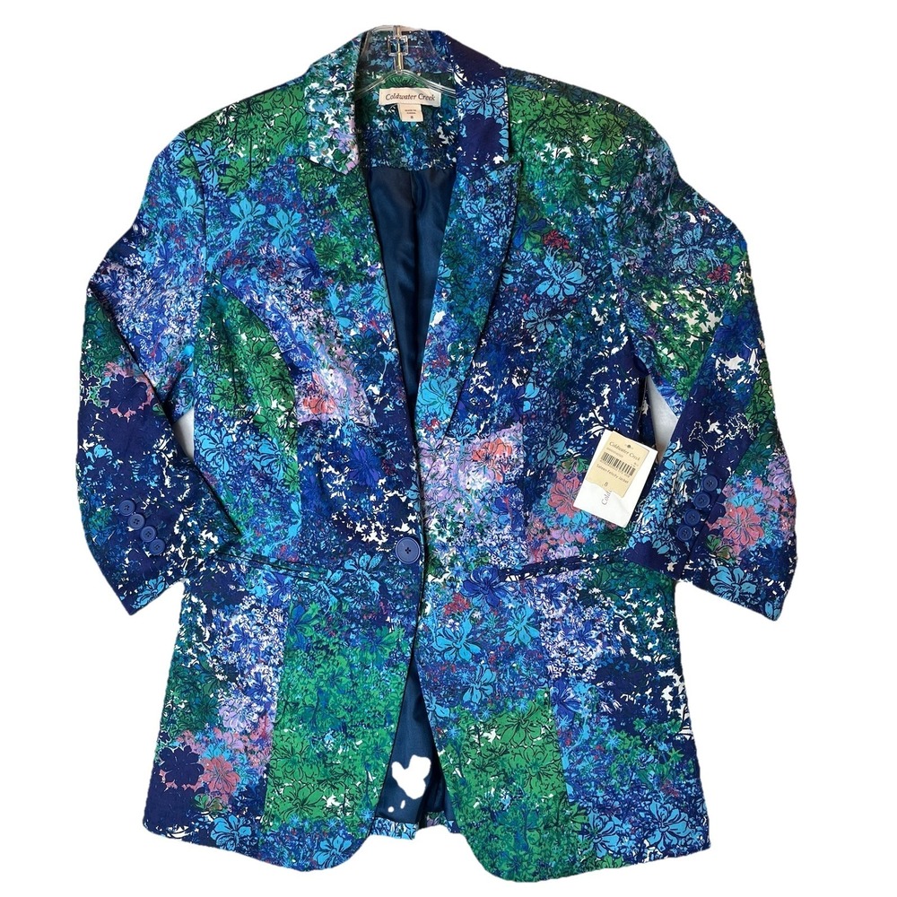 NWT Coldwater Creek Womens Floral Print Blazer Jacket Blue Green Pink 8